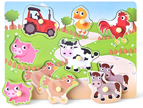 Wooden Puzzles Farm Chunky Baby Puzzles Peg Board, Full-Color Pictures for Preschool Educational Jigsaw Puzzle, 7Pieces