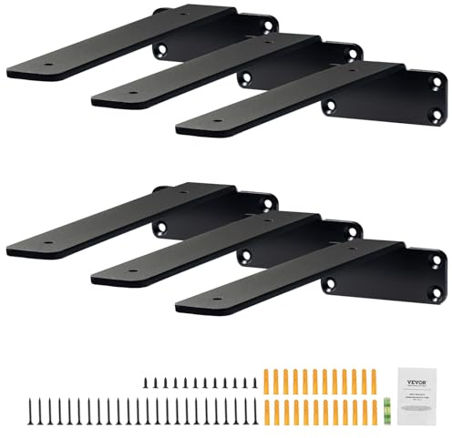 VEVOR Floating Shelf Brackets 6 Inch, 6 Pack Heavy Duty Shelf Brackets, Brackets for Shelves, 1/5 Thick Black Metal L Shelf Bracket, Steel Shelving Brackets with 160 lbs Load Capacity