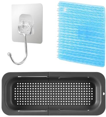 ZBHDEYG Cesta de Drenaje de Cocina Con Cepillo para Juntas y Gancho Grande - Cesta de Lavado de Frutas Retráctil - Soporte Multifuncional para Utensilios