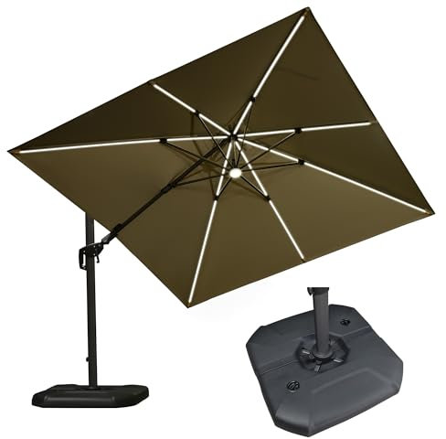 PURPLE LEAF Parasol Déporté Pivotant et Lumineux 3 x 3 m Carré avec Pieds de Parasol, Parasol de Jardin Extérieur avec Tournez 60° des Deux Côtés et Rotation à 360°, Toile UPF 50+, Kaki