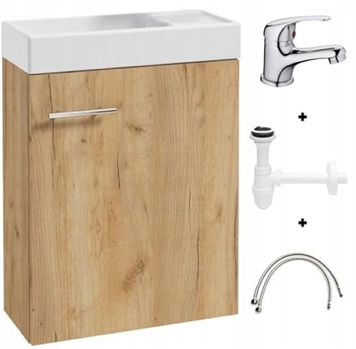 .Deftrans waschbecken gäste wc mit unterschrank 50 x 70 x 23 cm, gäste wc waschtisch, gästewaschbecken klein Set - waschbeckenunterschrank Eiche Craft mit Siphon und Waschtischarmatur