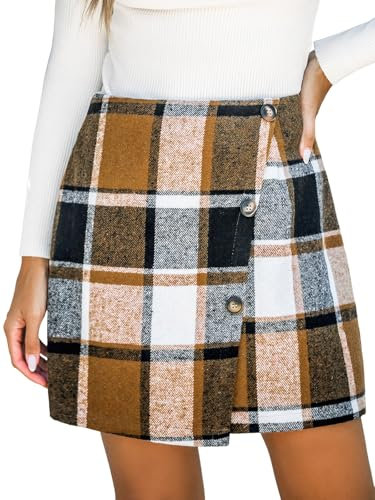 CUPSHE Mini jupe à carreaux pour femme avec boutons sur le devant, jupe imitation portefeuille pour l'automne et l'hiver, Motif carreaux Marron, M