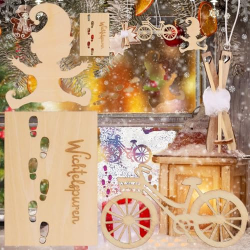 Benaton 4 Stück Holz Weihnachten Wichtel Schablone, Wichteltür Zubehör Weihnachtswichtel Elf, Wichtel Fußabdrücke Schablone con Schlittenstab Wooden Bicycle, Kreativset Wichteltür Fußabdrücke Zubehör