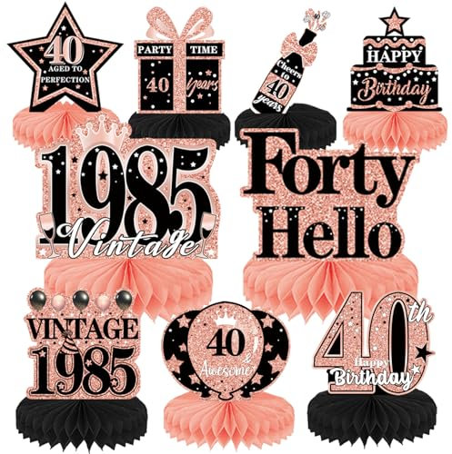 Luvart 40th Birthday Decorations Women - Rose Gold Table Decorations for 40th Vintage 1985 Birthday Party 9PCS Honeycomb Centerpieces Decor Supplies for Woman Men
