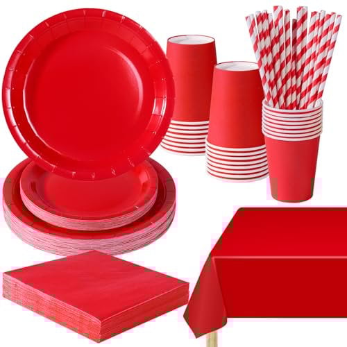 PYAILI 121 Piezas Rojo Vajilla Fiesta Cumpleaños, Platos y Vaso Cumpleaños Infantil, Set de Party Decoración Platos Servilletas para Navidad, Barbacoas, Fiestas -24 Invitado
