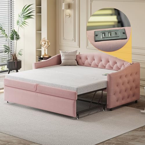 DRIXNO Polsterbett Ausziehbares Schlafsofa, 90 * 200 cm, Mit USB-Anschluss, Klassische Form mit Knöpfen mit Lattenrost, Multifunktionsbett - Gästebett, Leinenstoff, Rosa (Matratze Nicht enthalten)