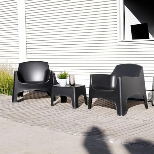 Tomaino - Gartengarnitur Ibiza - Set für den Außenbereich 2 stapelbare Sessel mit Armlehnen und Tisch aus Kunststoff - Lounge für Balkon, Terrasse und Garten (schwarz)