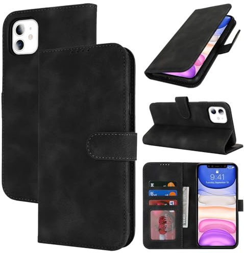 Zouzt Hülle für iPhone 11 (6,1), Premium PU Leder, Vintage Schwarz | Handyhülle mit Kartenfächern, Magnet Klapp Schutzhülle, Stoßfeste TPU-Innenhülle, Frauen Männer, Leather Wallet Phone Case