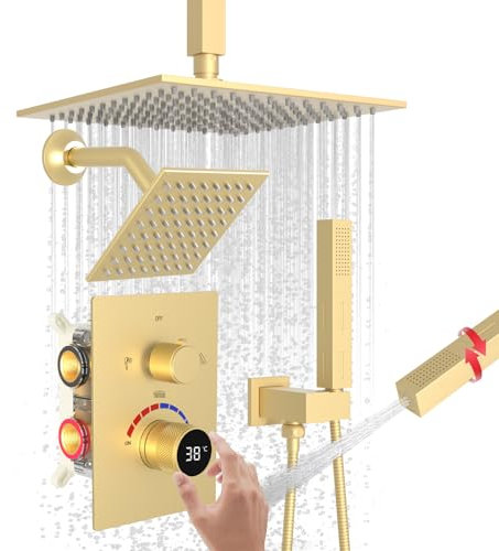 Brushed Gold Thermostatic Shower Mixer System with Digital Display, 10 Inch & 6 Inch Rainfall Shower Head Faucet Set, 3 Way Concealed Valve Dual Shower System