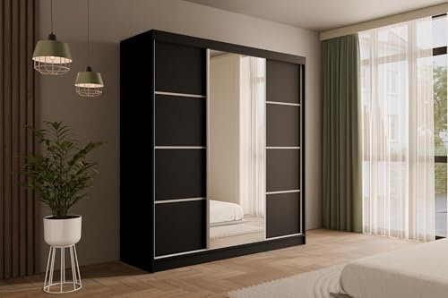 ALTDECOR Kleiderschrank mit Spiegel und Schiebetüren, Garderobenschrank mit viel Stauraum, Schwebetürenschrank, Schrank V2-LOFTIA 215x200 cm Schwarz