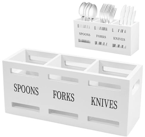 Kalastussaari Silverware Caddy Wood Utensil Caddy Silverware Holder for Party with 3 Compartments Utensil Holder for Kitchen Counter Spoon Fork Storage and Party Use, White Utensil Caddy