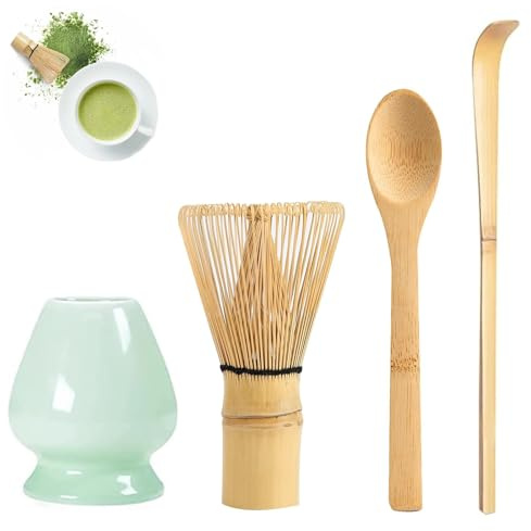 4 Piezas Kit Batidor Matcha Bambú Natural con Cuchara & Soporte Cerámica, Accesorio Ceremonia Matcha Preparar Japonesa, Set Herramientas Té Fabricación Tradicionales para Regalos Cumpleaños, Navidad