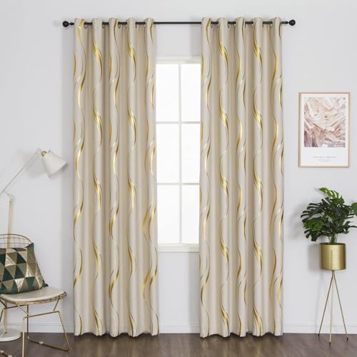 MYRU 2 Panels Set Luxury Striped Blackout Curtains for Bedroom Living Room (Beige and Gold, 2 x 66x102 Inch)