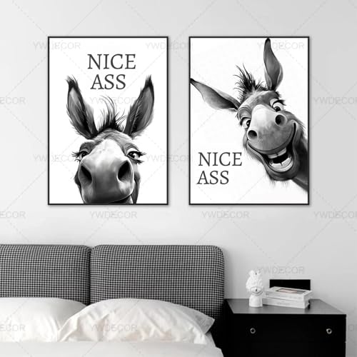 LMAIWANG Abstraktes Poster mit lustigen Tieren, Esel, Druck, Gemälde, Zitat „Nice Ass“, Leinwandbild, Wandkunst, Bilder, Badezimmerdekor, 30 x 45 cm x 2 Rahmen