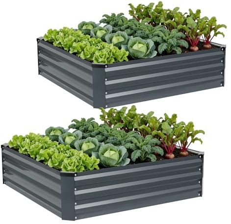 WILLOW WEAVE Satz aus 2 Hochbeeten für Garten, verzinkte Stahl-Planter im Freien zum Anpflanzen von Gemüse, Blumen und Kräutern, 120x120x30 cm, Grau