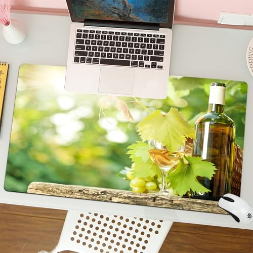 QRFASFZO Tapis de Souris Gaming - 30x80 cm - Tapis de Souris Esports - Ne Glisse jamais - Couverture complète du Bureau - Vin, Bouteille de vin Blanc, Verre, Jeune Vigne et grappe de Raisin en Vert