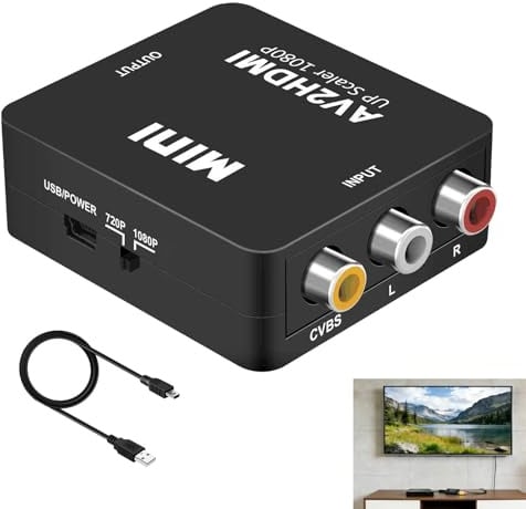 Adaptador RCA a HDMI 1080P, Convertidor AV a HDMI con Soporte para Wii, PS2, Gamecube, DVD, VHS, Laptop, Proyector, Compatible con Televisores y Monitores, Cable de Alimentación USB Incluido (Negro)