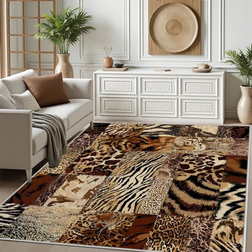 Dpvbffx Afrika Tiger Zebra Leopard Teppich 160x230 cm | Patchwork Leopardenmuster Teppich Wohnzimmer Kurzflor, Vintage Western Waschbare Teppiche Rutschfest, Carpet Bedroom Living