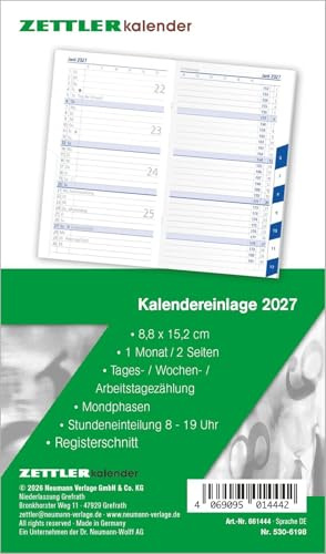ZETTLER Kalenderersatzeinlage TP 1M/2S Registerschnitt 2027: Ersatzkalendarium 9x15 cm für Taschenplaner Typ 530, 16 Blatt, 1 Monat auf 2 Seiten, Registerschnitt, Zeitplaner 8-19 Uhr