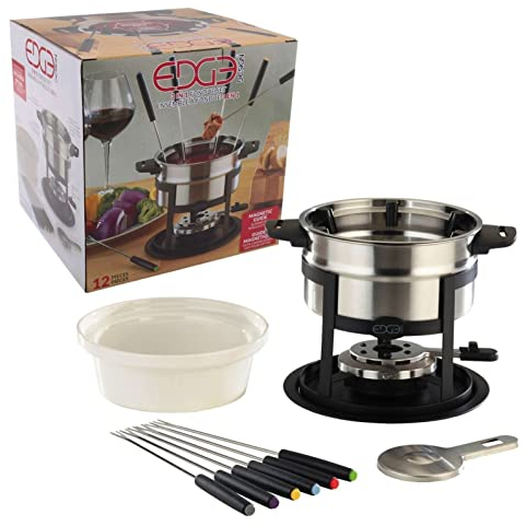 Set classico per fonduta in acciaio inox, 12 pezzi, per salsa di formaggio e cioccolato, 1,6 l