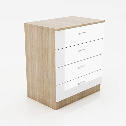 ELEGANT Bedroom chest of drawers Modern High Gloss Wardrobe and Cabinet Furniture Set Bedroom 2 Doors Wardrobe with Mirror and 3 Drawer Chest and Bedside Cabinet (White/Oak, Drawer Chest)