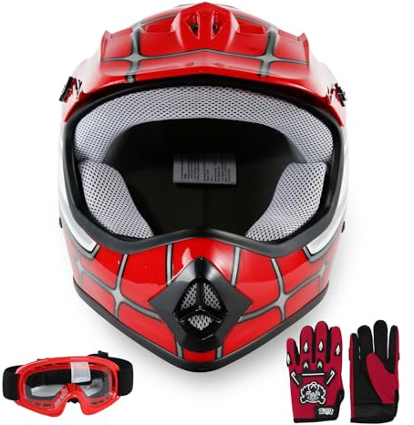 SLMOTO DOT Approved Youth Kids Helmet Offroad Street Helmet Motorcycle Helmet Dirt Bike Motocross ATV Red Spider Helmet+Goggles+Gloves