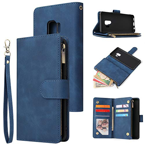 QLTYPRI Hülle für Samsung Galaxy S9, Premium Leder Handyhülle mit Große Kapazität 6 Kartenfach & 1 Reißverschluss Tasche Ständer Schutzhülle für Samsung Galaxy S9 - Blau