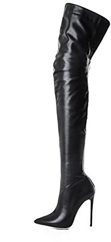 PAIDAXING - Stivali alti alla coscia da donna, in ecopelle, a stiletto sopra il ginocchio, vestibilità ampia, alla moda, sexy, con cerniera, taglia 4,5-7, Nero , 39 EU