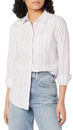 Amazon Essentials Camicia in Popeline a Maniche Lunghe con Bottoni sul Colletto, vestibilità Classica Donna, Lilla Bianco Righe Variegate, XXL