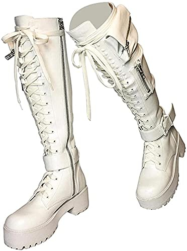 Botas de Plataforma de Combate para Mujer - Tacón de Bloque con Cordones, Botas Altas para Motocicleta con Bolsillo Oculto, Estilo Militar hasta la Rodilla