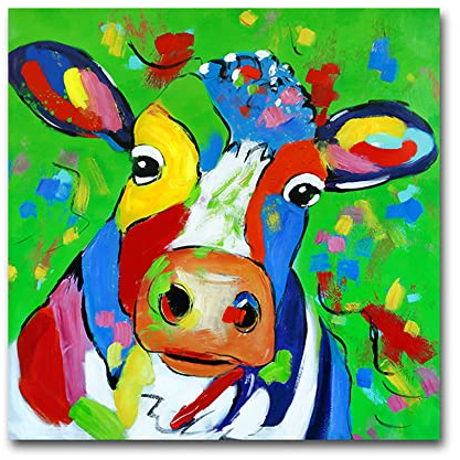 Ölbilder Auf Leinwand Handgemalt,Moderne Abstrakte Tiere 100% Handgezeichnete Kunstwerke, Große Nordische Bunte Gefleckte Kuh Gemälde Rahmenlose Coole Bilder Kunst Wand Für Zu Hause Korridor Wohn