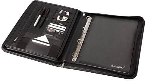 Alassio 31517-2 in 1 Orgamappe und Fächermappe, Organizer DIN A4 mit 6 Fächern, Meetingmappe aus Lederimitat, Schreibmappe, Mappe mit Ringmechanik, Dokumentenmappe ca. 36,5 x 29 x 5,5 cm, schwarz