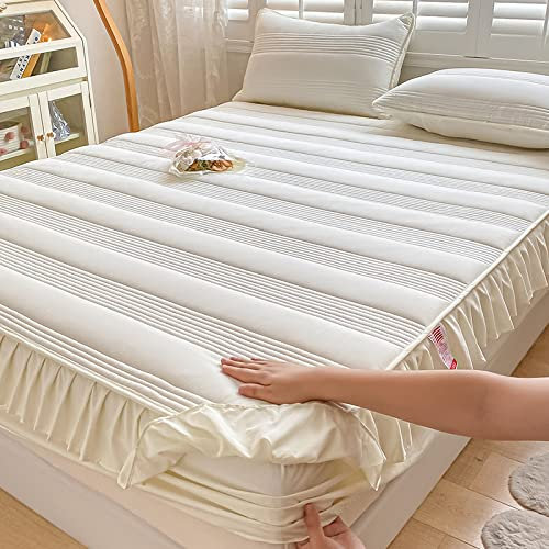 Wasserbett Boxspringbett Spannbettlaken gestreift weiß 135 x 200 cm, Steppbett Rock Volant Tagesdecke, Matratzenschoner Bettwäsche mit Kissenbezügen Damen Schlafzimmer Apartment für Mädchen