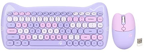 PUSOKEI Cute Cat Wireless Keyboard and Mouse Combo,2.4G USB Compact Silent Keyboard,Candy Colors,Compatible with OS X,Android,Computer,Laptop,PC,Tablet (purple)
