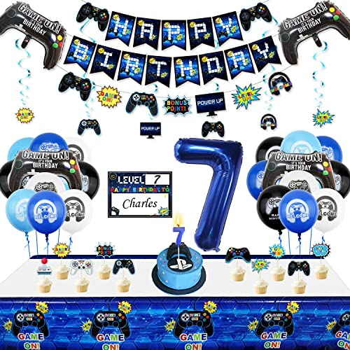 7. Geburtstag Dekorationen für Jungen-Gaming Party Dekorationen für Kinder-HAPPY BIRTHDAY Gaming Banner Videospiel Controller Ballon Kuchen Topper Gaming Hanging Sign Nummer 7 Kerze