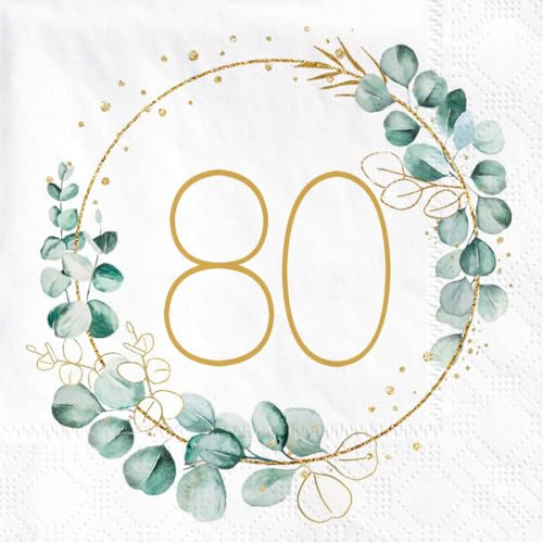 Sprinlot 80. Geburtstag Deko Servietten - 40 Stück Eukalyptus Gold Grün Papierservietten für Mann Frau Party Tischdekorationen