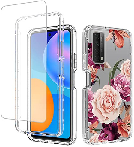 Vavies Schutzhülle für P Smart 2021/für Huawei Y7A/Enjoy 20 SE mit Glasbildschirmschutz - Vollständig transparente hülle mit Blumenmuster Schützende Handyhülle für Huawei P Smart 2021 Lila Blume