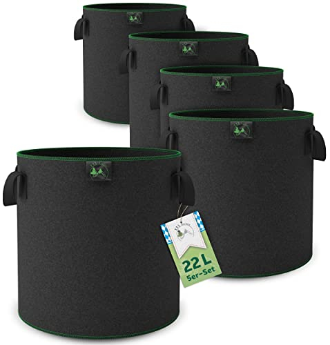 TTL Garden 5X 22L Pflanzsack aus Vlies Stoff - 5er Set 20L +10% = 22 Liter Pflanztaschen aus 300 g/m² Filz & Vliesstoff - Pflanzgefäß Pflanzbeutel für Balkon Terrasse Gewächshaus & Garten
