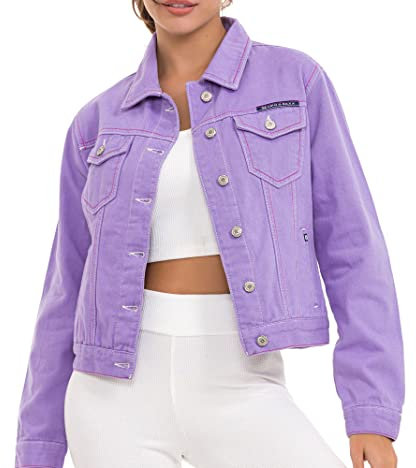 Cipo & Baxx Damen Jacke WJ212 Liliac – Stylische Jeansjacke im Casual Streetwear Look mit Knopfleiste & Brusttaschen – Übergangsjacke für Alltag & Freizeit – WJ212 Liliac M