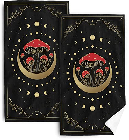 Niedliches Pilz-Küchen-Geschirrtuch-Set mit 2 Gothic-Hexen-Geschenken, Sonne, Mond, Dekor, ultraweich, saugfähig, zum Trocknen von Händen, Backen, Kochtuch, Frühling, Heimdekoration, 40.6x61 cm