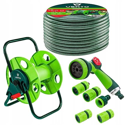 VERTO Dévidoir + Tuyau d'arrosage 50 m + Pulvérisateur d'eau + 3 x Connecteur de tuyau, Bouchon d'arrêt d'eau, Connecteur de robinet - Kit complet d'arrosage de jardin