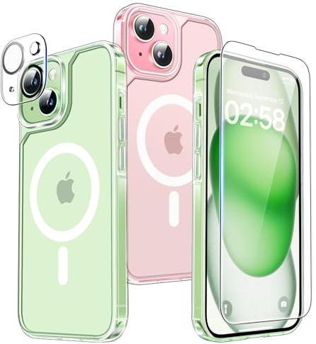 TAURI 5 in 1 für iPhone 15 Hülle [Kompatibel mit MagSafe], 2 Schutzfolie + 2 Kameraschutz, Handyhülle iPhone 15 Case 6,1 Zoll -Transparent