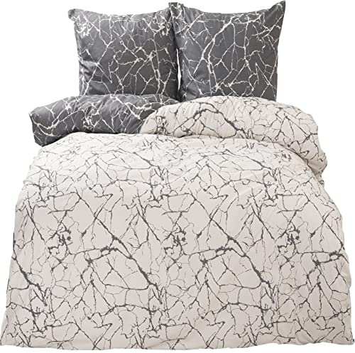Visaggio 4 teilige Bettwäsche Set 135x200 Renforce 100% Baumwolle Marmor Anthrazit Grau Weiß Wendebettwäsche Garnitur