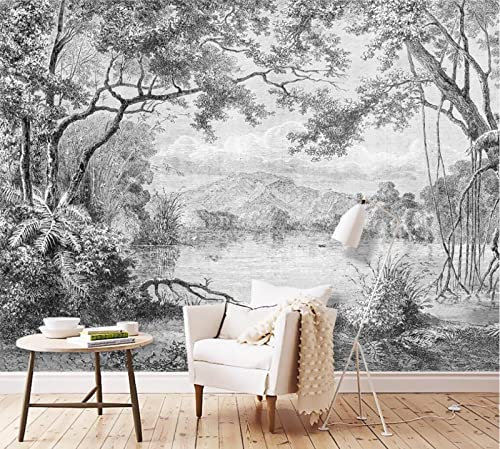 BELOKA Papier Peint Panoramique 3D Forêt En Noir Et Blanc Dessinée À La Main Jungle Papier Peint 3D Intissé Moderne Décoration Murale