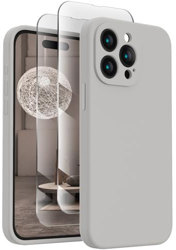 FireNova Designed for iPhone 15 Pro Max Case, Silicone Upgraded [Camera Protection] Phone Case with [2 Screen Protectors], Soft Anti-Scratch Microfiber Lining Inside, 6.7 inch, Natural Titanium