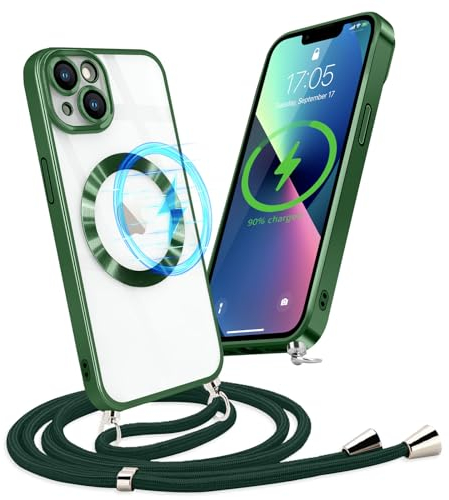 Micoden Handykette Hülle für iPhone 13 mit Band Kompatibel mit MagSafe Kabellosem Laden Kameraschutz Vollständiger Transparent Silikon Case Kordel zum Umhängen Handyhülle Schutzhülle,Grün