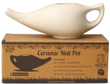 Ceramic Neti Pot, Dishwasher Safe, with 5 Sachets Neti Salt for Sinus - 270 Ml. Capacity -Cream Color