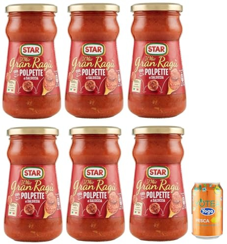 Rummo 6er-Pack Star Il Mio Gran Ragu' con Polpette di Salsiccia,Tomatensauce mit Schweinefleisch und Wurst Frikadellen,360g Glas + 1er-Pack Kostenlos Yoga Eistee Pfirsich 330ml Dose