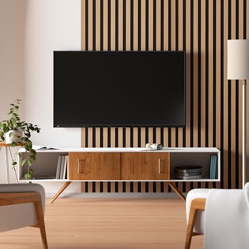Wall Panel Wood Slat | Decorative Wooden Panelling 3D Slatted Acoustic Sound Absorbing Ceiling or Wall Slats 200 x 60 cm (Oak)