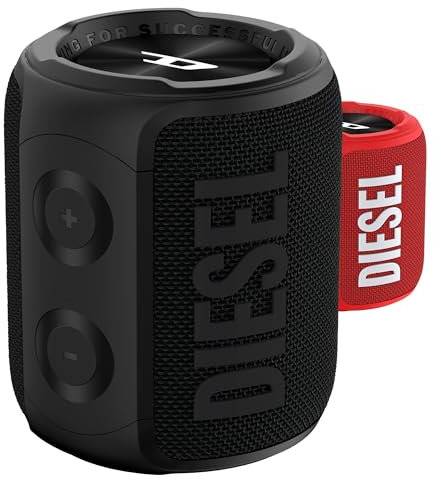 Diesel Kabelloser Lautsprecher, tragbarer Lautsprecher IPX7 Bluetooth 5.0 wasserdicht mit Bass Boost, 14 Stunden Wiedergabe, Stereo-Kopplung, Mikrofon, abnehmbares Armband, schwarzes Logo auf Schwarz